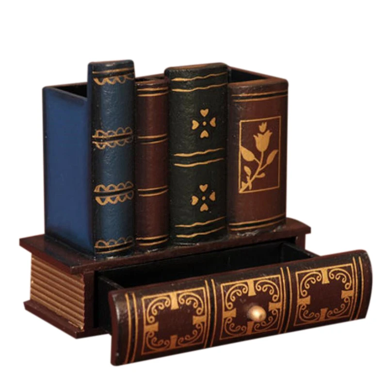 Multifunction Retro Wooden Pen Holder Book Shape Wood Craft Home Decor Pencil Desktop Storage Box Drawers Stationery Hold