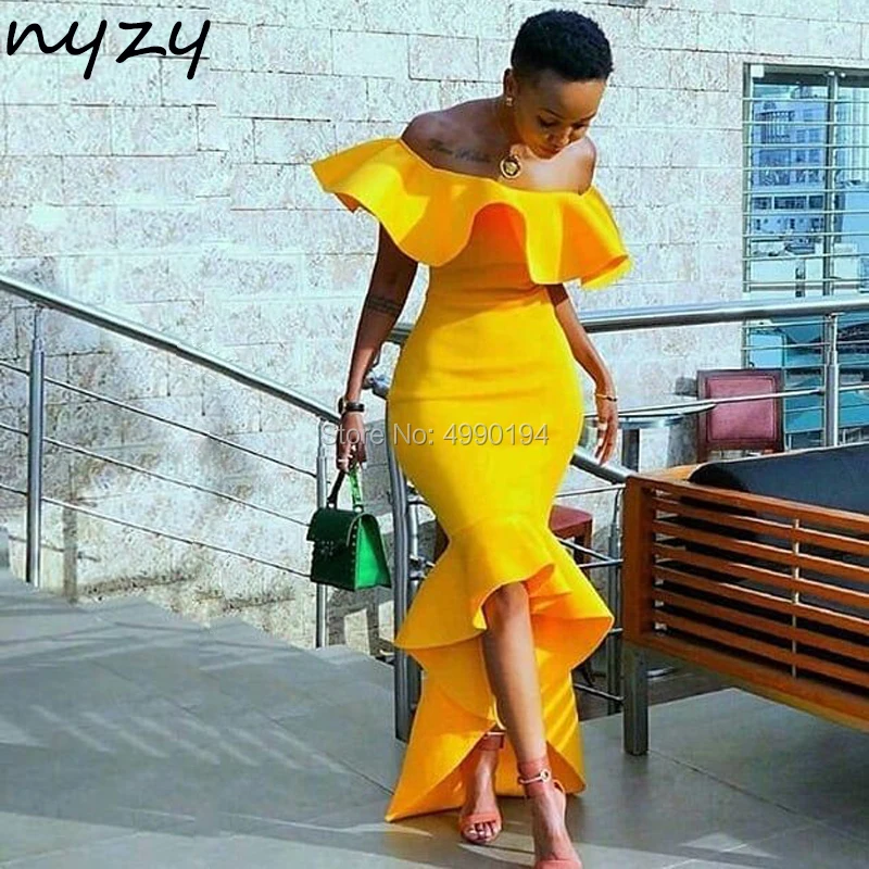 

NYZY C77 Elegant Hi-low Short Front Long Back Ruffles Evening Dress Short Satin celebrity red carpet African Party Dress 2019