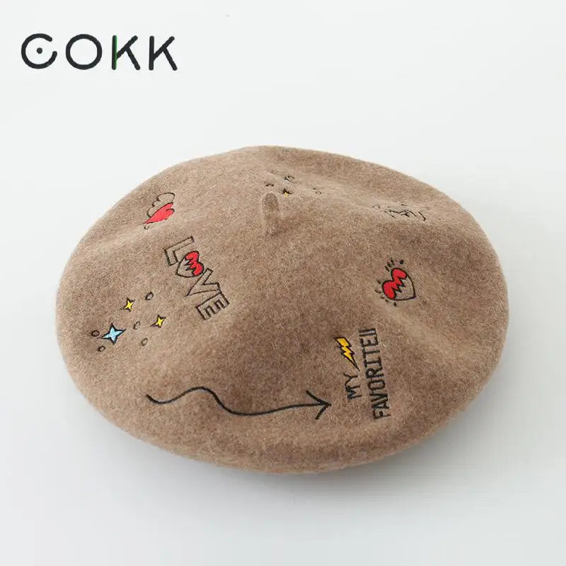 COKK Autumn Winter Hats For Women Lady Wool Beret Artist Painter Cap Embroidery Beret Female England Vintage Boina Feminina