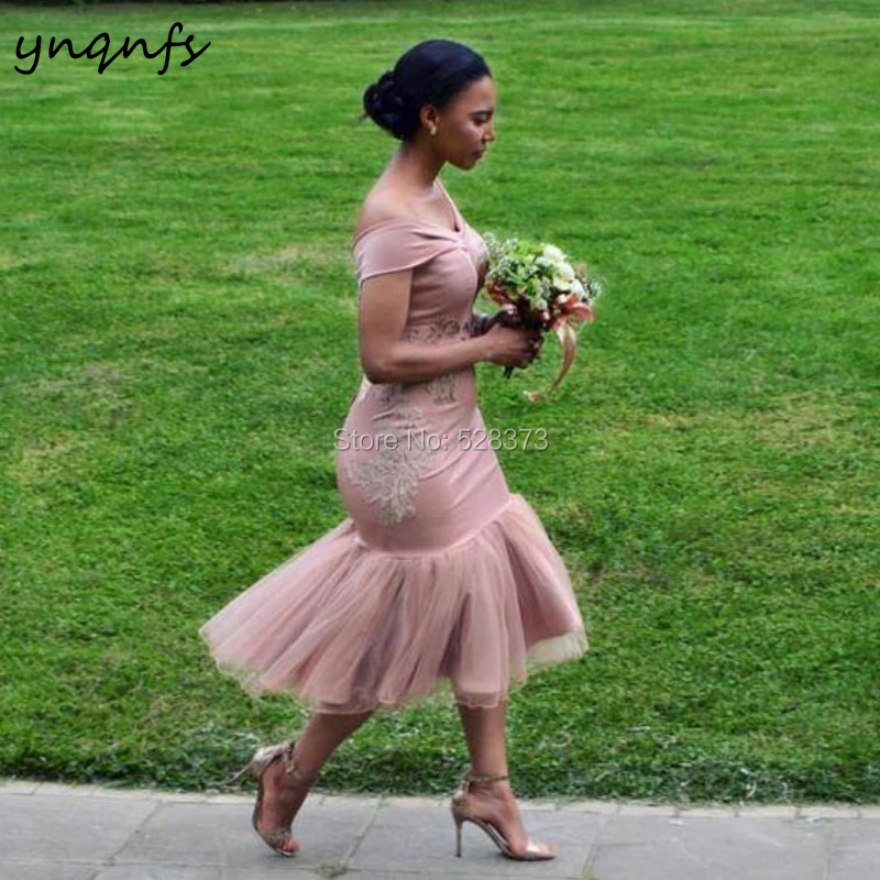 

YNQNFS B22 Off Shoulder Mermaid Tea Length Robe Pink 2019 Bridesmaid Dresses Party Guest Wear