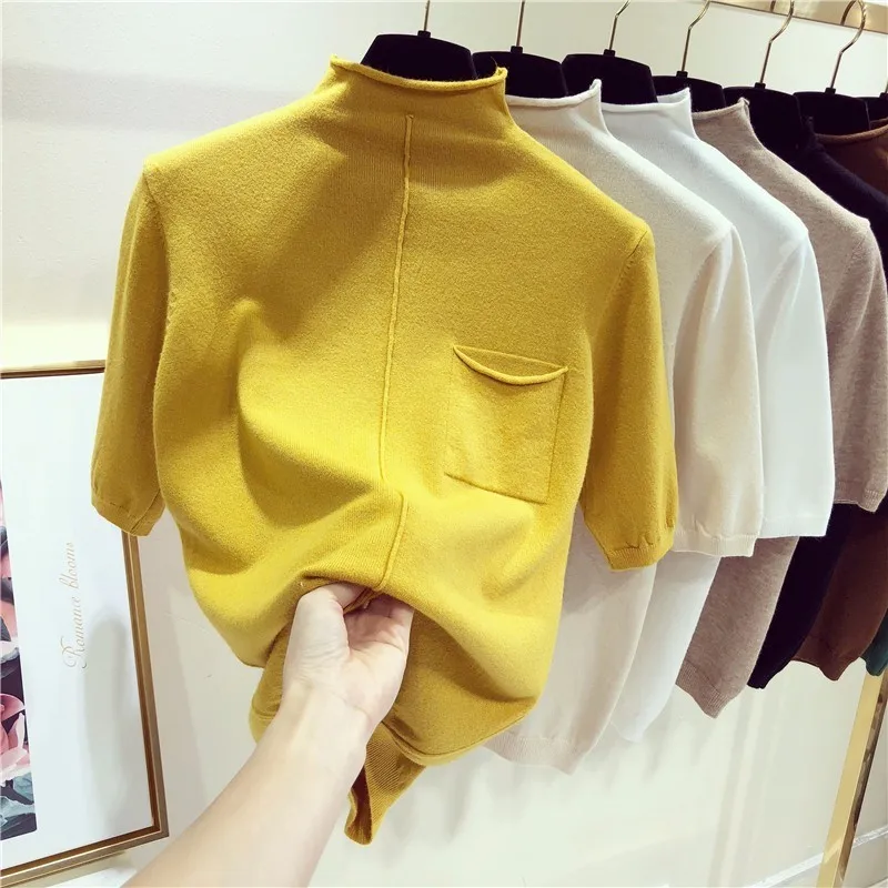 Half sleeve tops women knitted sweater half turtleneck Korean fashion pullover 7colors 2025 spring summer