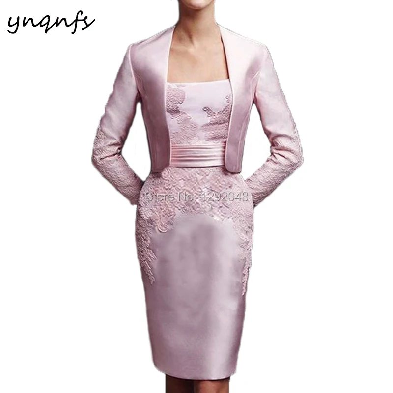 

YNQNFS M94 Satin Two Piece Mother of the Bride Groom Dresses with Long Sleeves Jacket Bolero Pink Wedding Guest Wear Party Gown