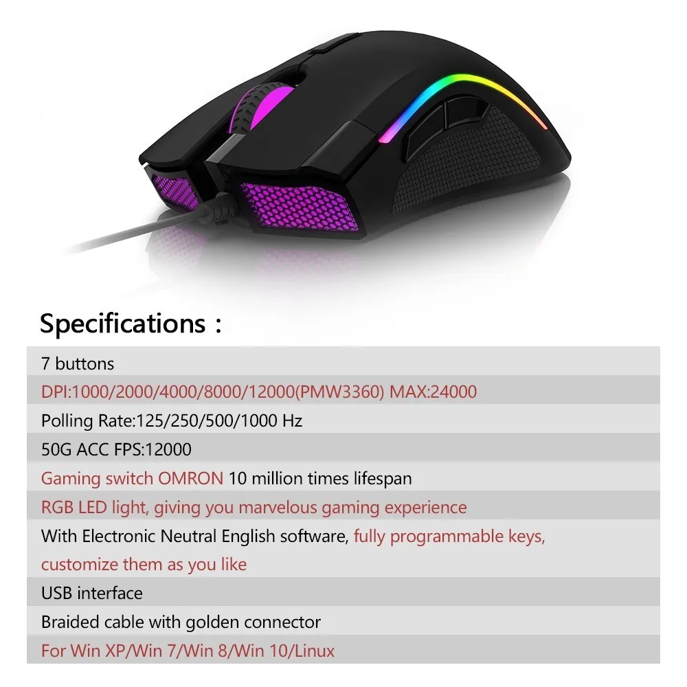 Delux M625 PMW3360 Sensor Gaming Mouse 12000DPI 7 Programmable Buttons RGB Backlight Wired Mice with Fire Key For FPS Gamer