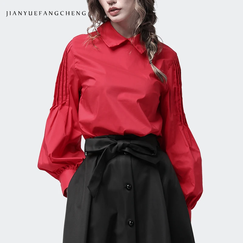 Women Shirts Black Red Cotton Blouse Turn-down Collar Lantern Long Sleeve Tops Elegant Office Wear Plus Size blouse Femme