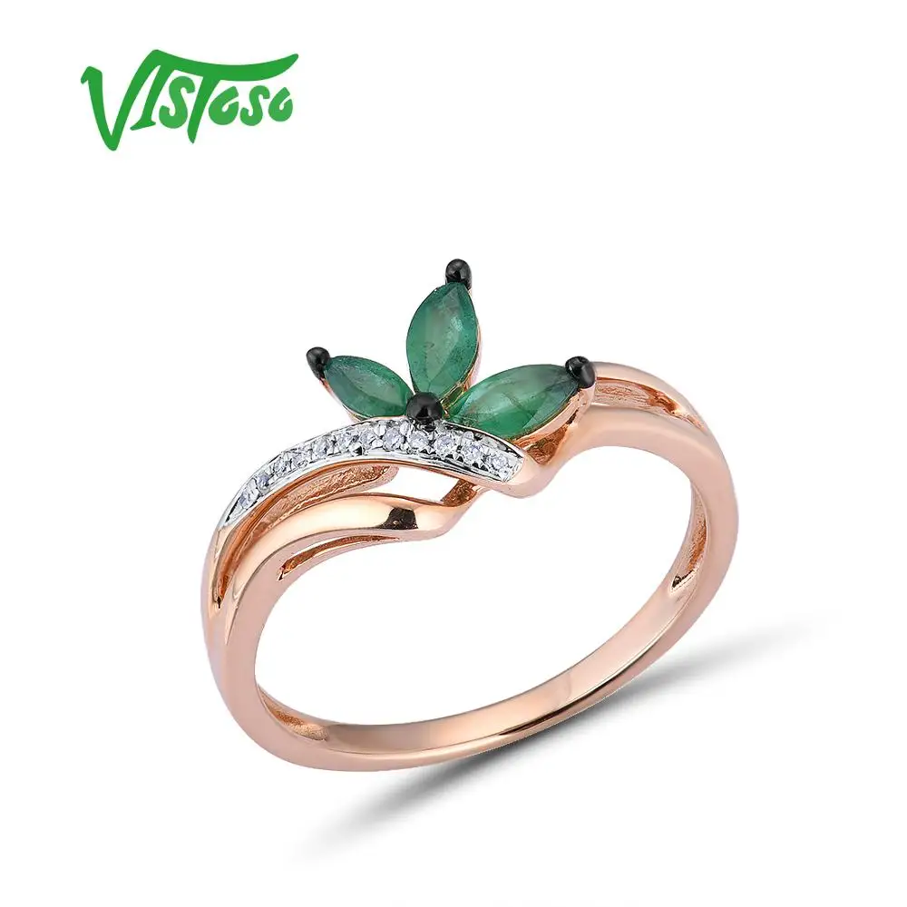 

VISTOSO Gold Rings For Women Genuine 14K 585 Rose Gold Ring Magic Emerald Sparkling Diamond Engagement Anniversary Fine Jewelry