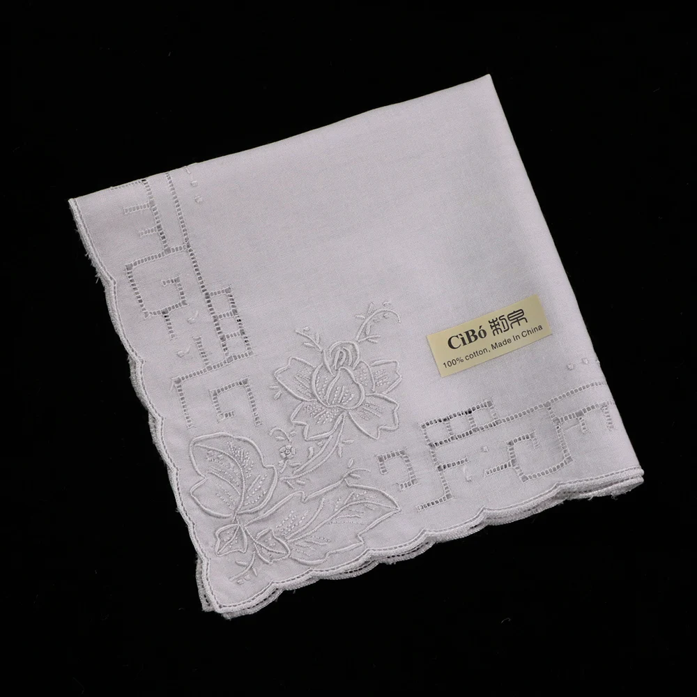 S007 :  1 piece Hand-made hand embroidery rose handkie Swatow Drawnwork White Cotton SWATOW handkerchief