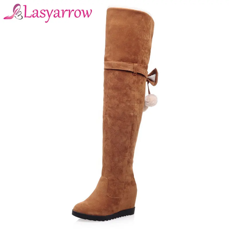 Lasyarrow Women\'s Thigh High Boots Ladies Footwear Height Increasing Round Platform Winter Snow Boots Fashion Over the Knee Boot