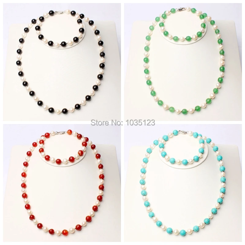 

6-7mm 5 Color Natural White Freshwater Pearl Necklace Bracelets 1 Set wj192