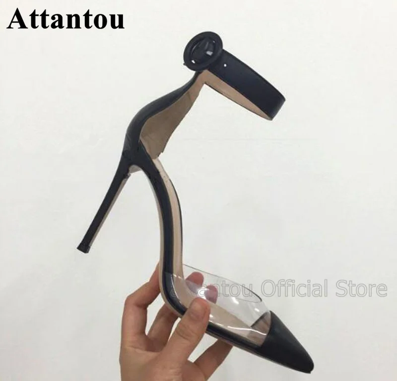 

Sexy Transparent PVC Thin High Heel Dress Shoes Women Buckle Strap Silver And Black Pointed Toe Big Buckle Party Shoes