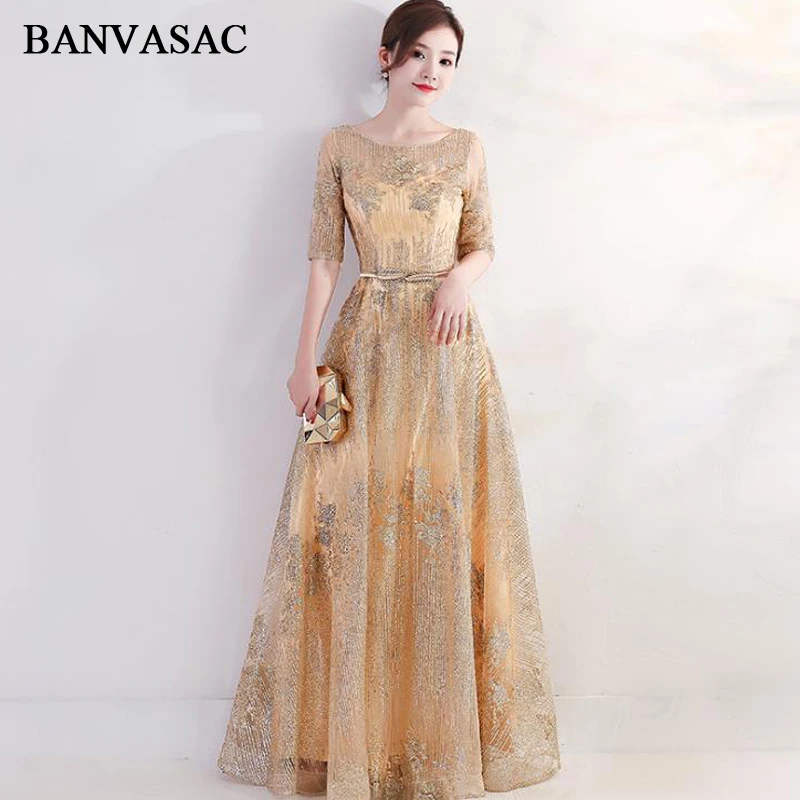 

BANVASAC Illusion O Neck Bronzing A Line Long Evening Dresses Party Half Sleeve Metal Leaf Sash Backless Prom Gowns