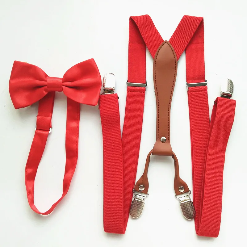 Red Color Women Mens Pu Leather Supenders Bowtie Sets High Elastic Strap Strong clips-on suspender bow tie set Adult boys LB027