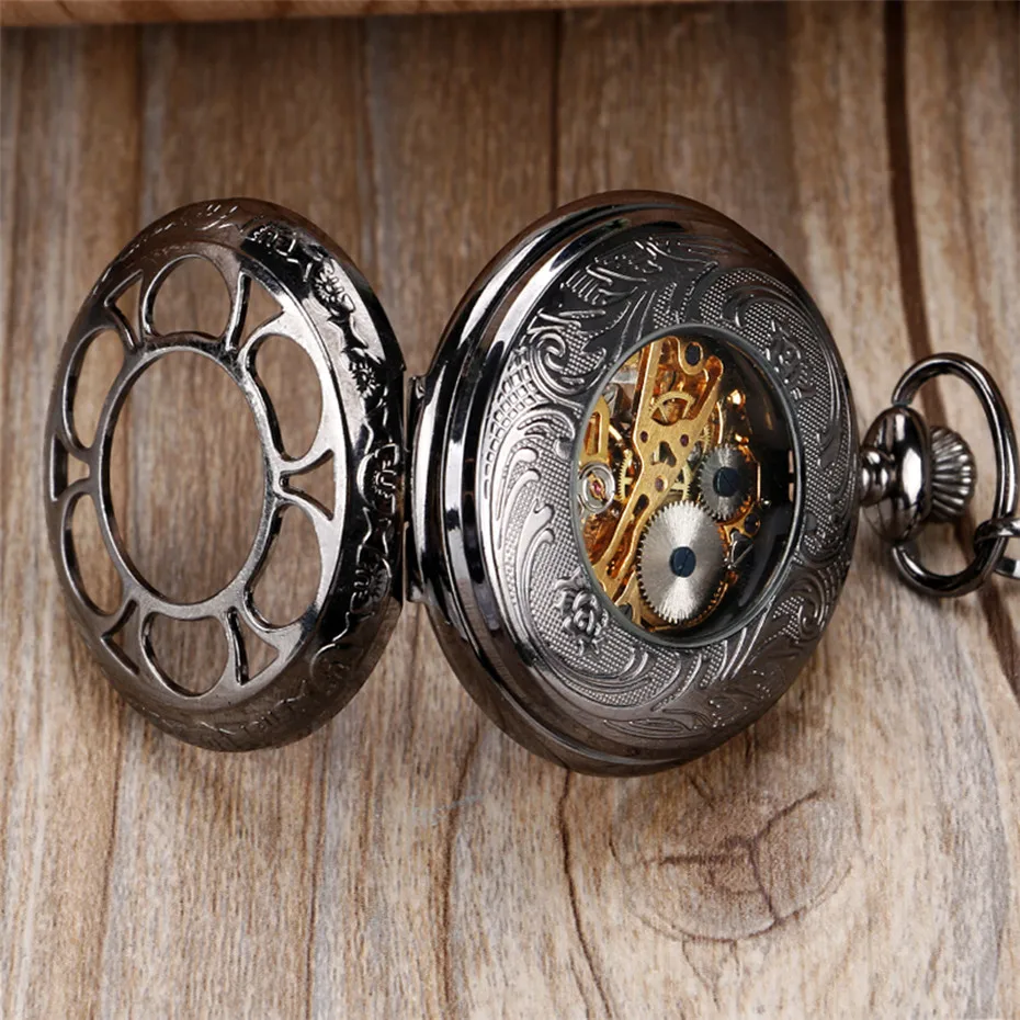 Hollow Circel Mechanical Pocket Watch Pendant Clock for Men Suit Hand-Winding Pocket Watches Steampunk Black Fob Clock Gift Male