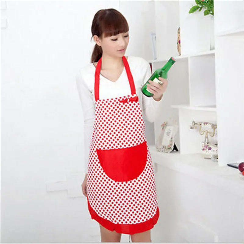 Cute BowKnot Dot  Apron Women Kitchen Restaurant Bib Cooking Aprons With Pocket Kitchen Cooking Craft Baking