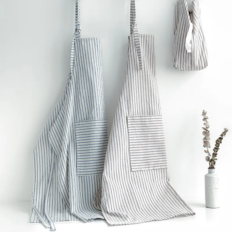 Long Cotton Linen Striped Apron Barista Waitstaff Baker Chef Catering Uniform Florist Painter Home Cooking Housework Wear D28