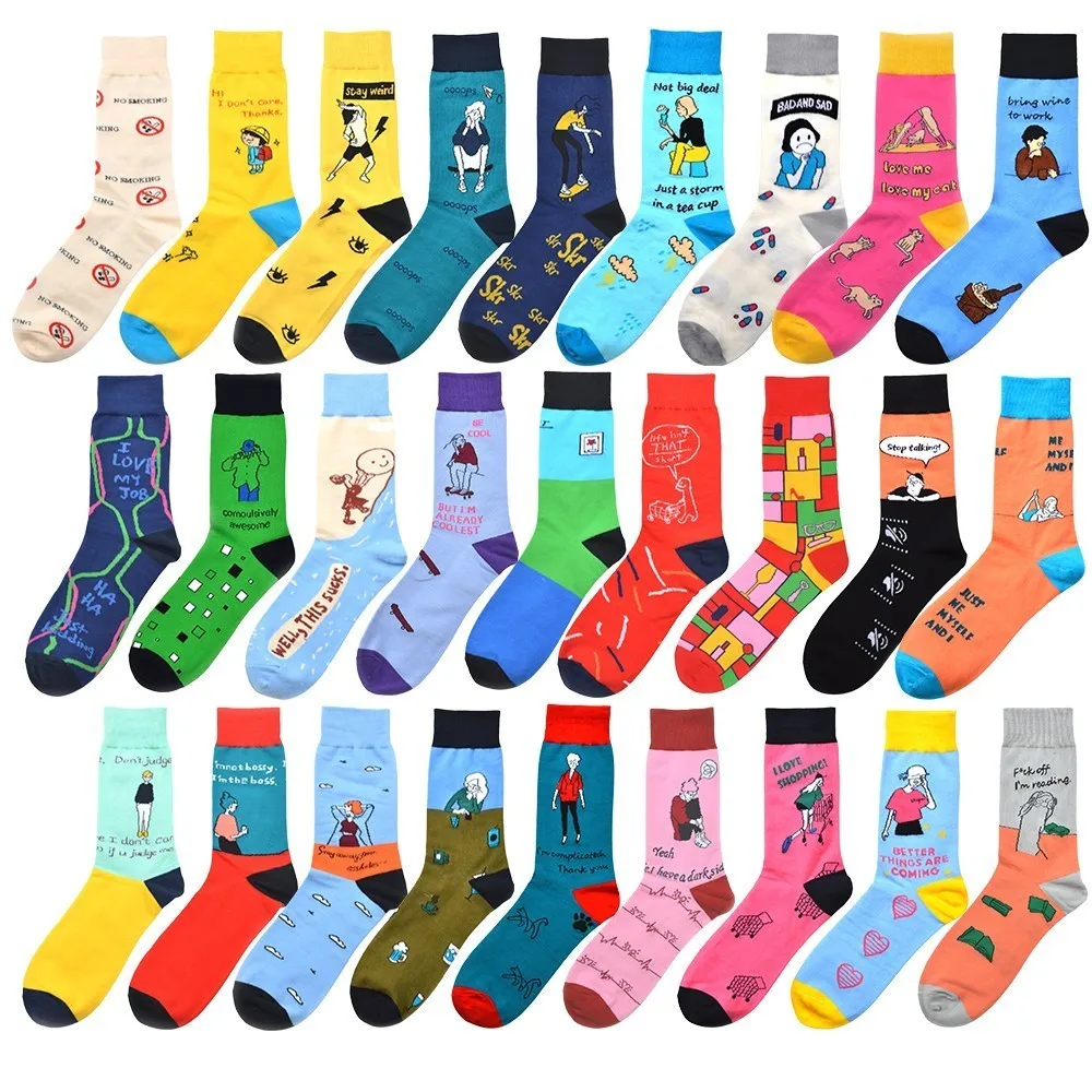 New Men Socks Cartoon Comic Letters Pattern Novelty Sock Colorful Kawaii Combed Cotton Funny Happy Socks Men Crew Socks