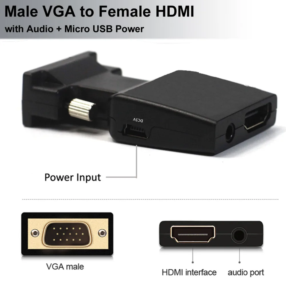 VGA mannelijk naar HDMI vrouwelijk converteradapter met audio-ingang 1080P VGA HDMI-adapter voor pc-laptop naar HDTV-projector