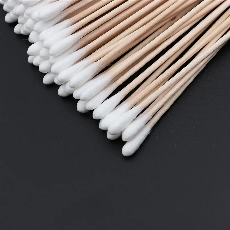 100Pcs Long Wood Handle Cotton Swab Medical Swabs Ear Cleaning Wound Care Cotton Buds Sanitary Round Cotton Tip Swab