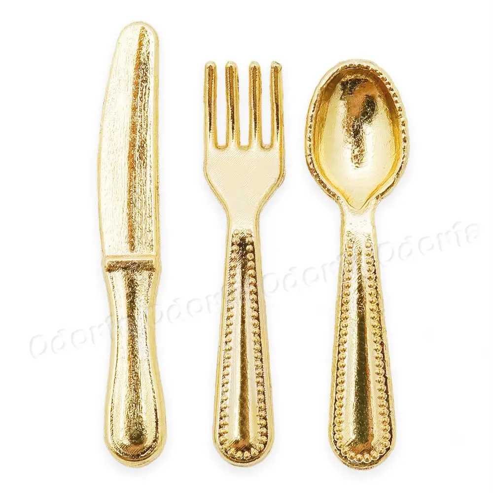 Odoria 1:12 Miniature 12PCS Golden Cutlery Kit Knife Fork Spoon Set Tableware Kitchen Set Dollhouse Accessories Doll House Decor