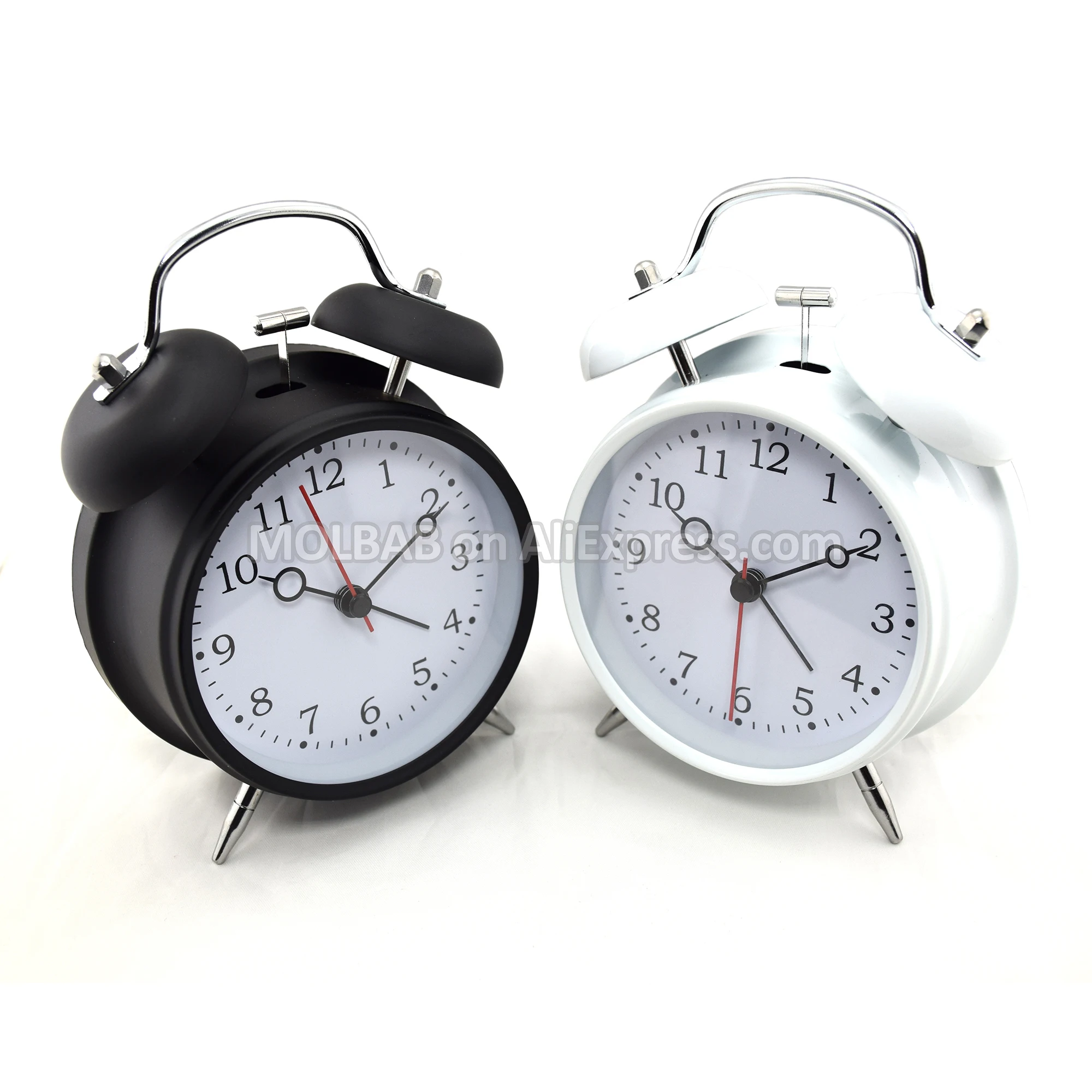 4 inch Tabletop Black/White Metal Alarm Clock Double Bell Rings Desk Clock With Backlight Modern Style Quiet Quartz Timepiece