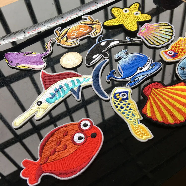 Cartoon Ocean Animal A set Whale Shark Marine Organism Turtle Iron On Embroidered Clothes Patches For Clothing Wholesale Badges