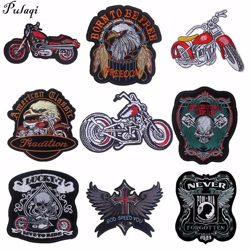 Pulaqi Punk Rock Bike Patches Embroidery Biker Appliques Motorcycle Iron On Patches For Clothes Jeans Vest Jacket Back Patch H