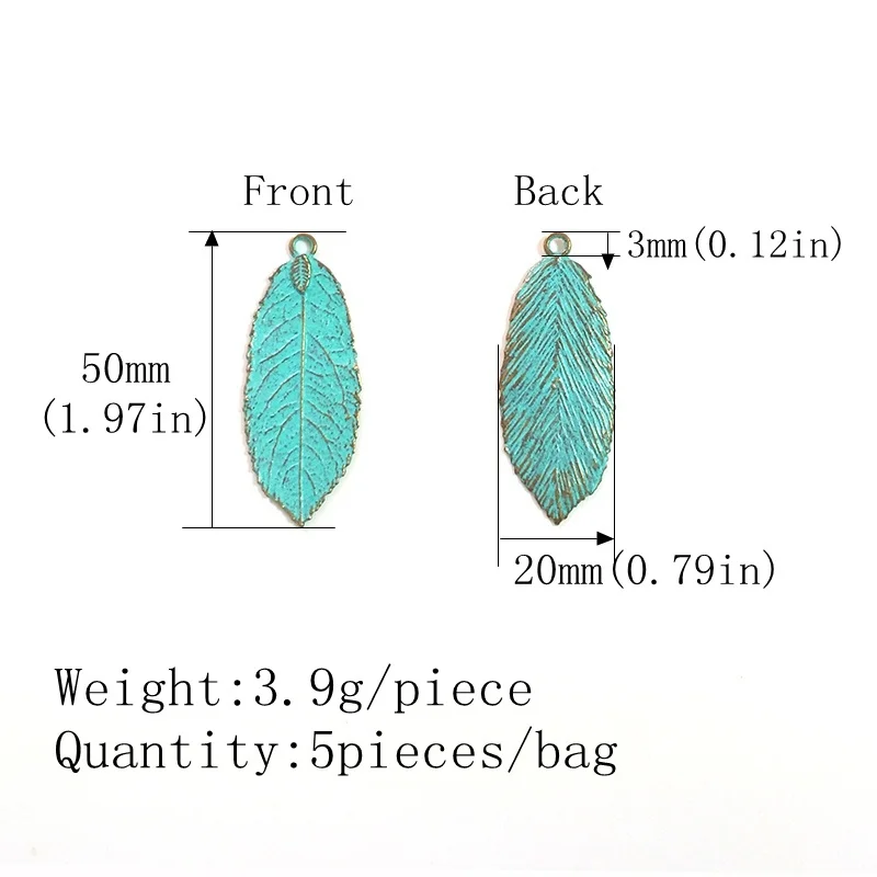 5pcs/bag 50*20MM New Retro Patina Plated Zinc Alloy Green Big Leaf Charms Pendants For DIY Accessories