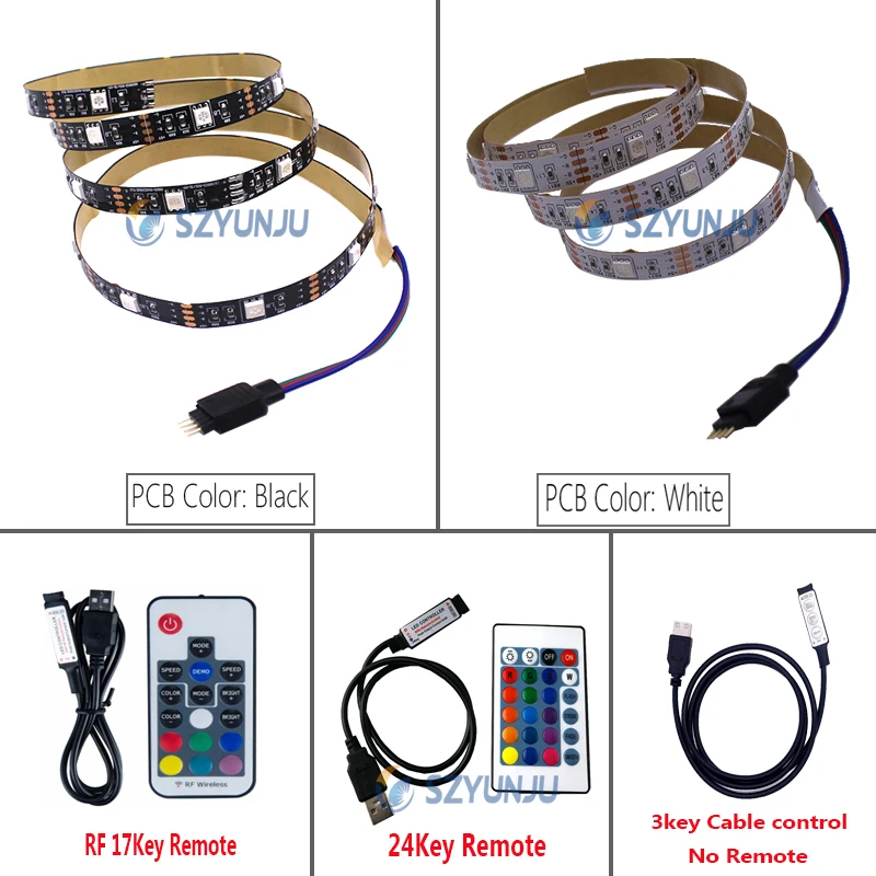 

USB DC5V 5050 60SMD/M RGB LED Strip Light Bar TV Back Lighting Kit+3key 24key IR 17key RF RGB Remote Control Controller