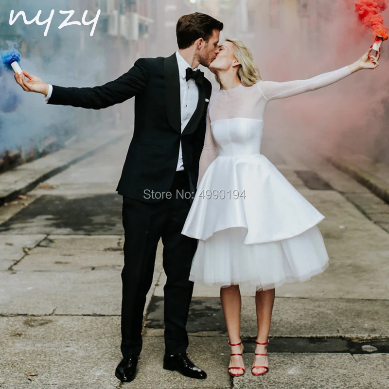 

NYZY W6 Simple Short Wedding Dress Boho 2019 High Neck Long Sleeve Dot Tulle Tea Length vestido de novia robe de mariee