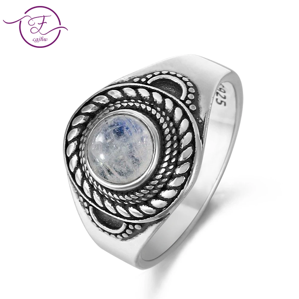 

New Products Natural Moonstone Ring Men's and Women's 925 Sterling Silver Vintage Flower Texture Jewelry Ring Round Gem Gift Who