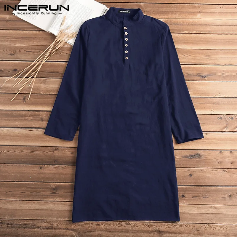 INCERUN Casual Shirt Dress  Long Sleeve Cotton Solid Men Long Shirt Vintage Indian Kurta Suit Pakistani Muslim Clothes 5XL