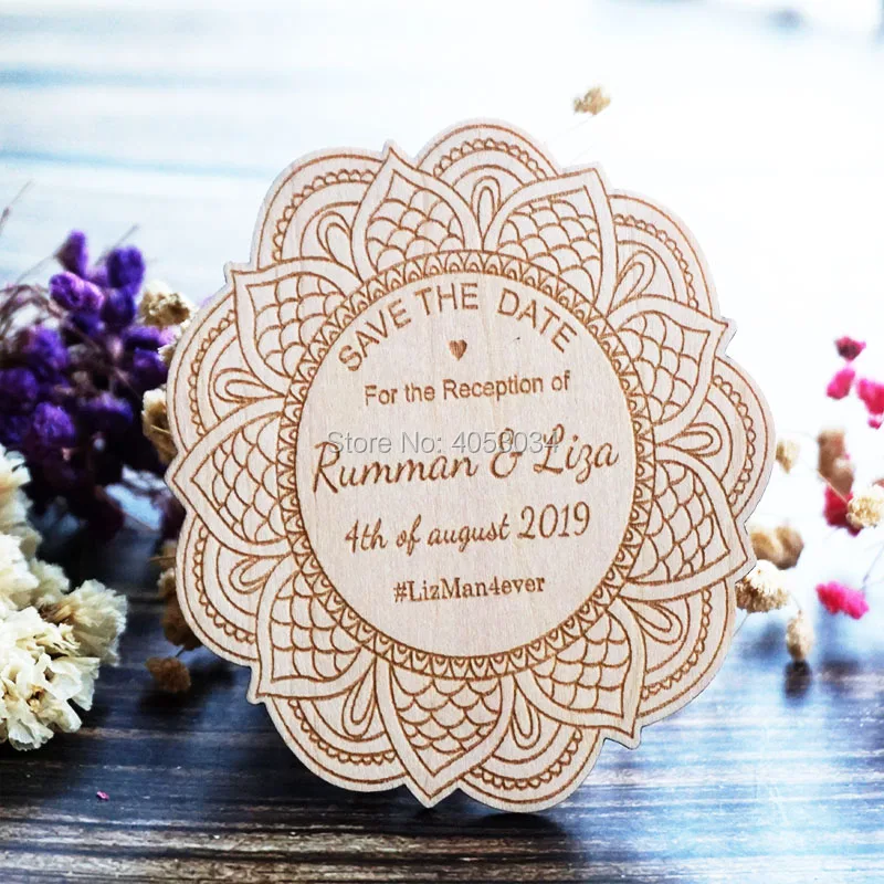 

Personalised Wooden Wedding Mandala 'Save the Date Magnets