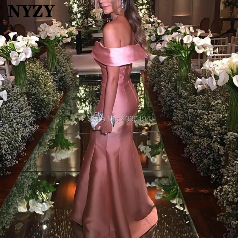 

NYZY E62 Off the Shoulder Satin Long Dresses Evening Mermaid Pink Simple Elegant Party Gown vestido de festa longo 2019