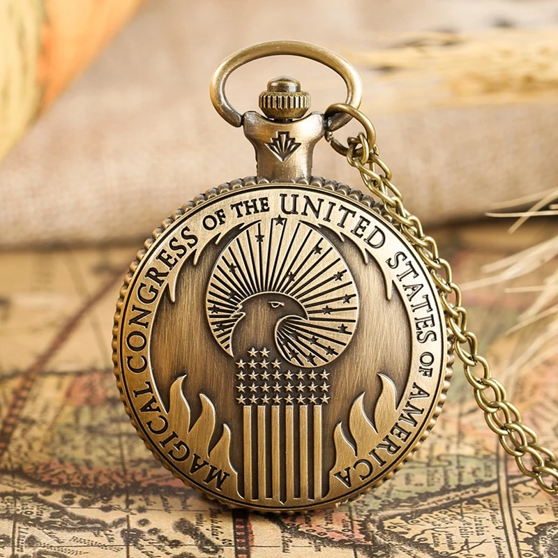 Antique Fantastic Beasts and Where to Find Vintage Magical Congress of the United States of America Pocket Watch Necklace Chain