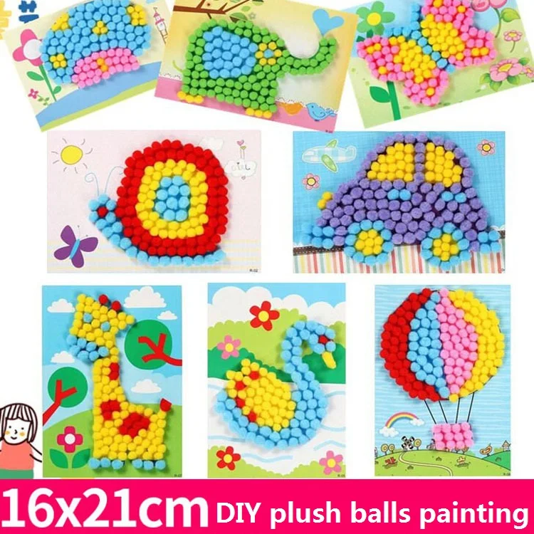 2 Teile/satz Kinder Plüsch Ball Malerei Aufkleber Kreative DIY Handgemachte Material Pädagogisches Spielzeug Kinder Cartoon Puzzles Handwerk