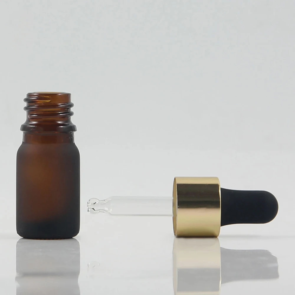 Amber frosted 5ml glass jars container for medical, amber glass bottle with gold dropper and frosted black rubber