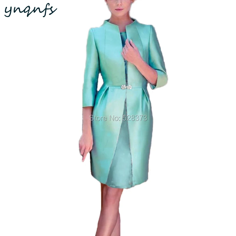 YNQNFS – robe mère de la mariée en Satin, deux pièces, Turquoise, manches 3/4, pour fête de mariage, veste, tenues, 2019