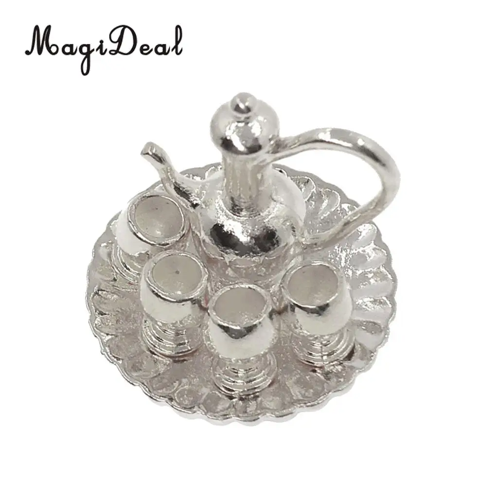 6 Pieces 1:12 Scale Dollhouse Miniature Silver Metal Tea Coffee Set with Tray Vintage Style Tableware Furniture Accessories