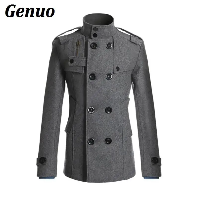 

Fashion Mandarin Collar Double Breasted Male Jacket Autumn Winter Wool Blends Coat Men Thick Warm Overcoats with Pockets Genuo