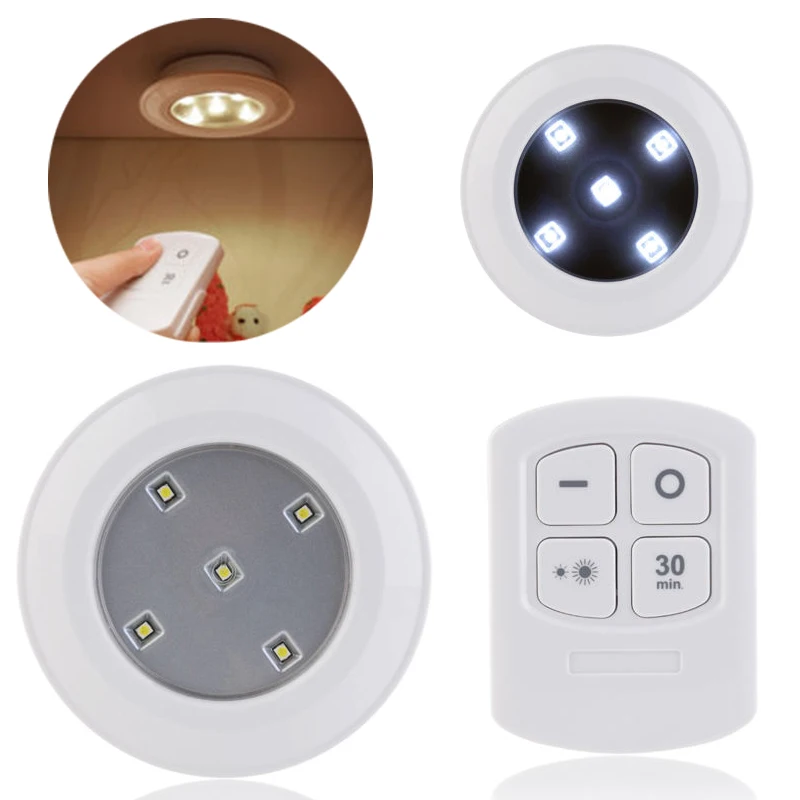 White Wireless 5 LEDs Remote Control Wall Lamp Puck Light Room Cabinets