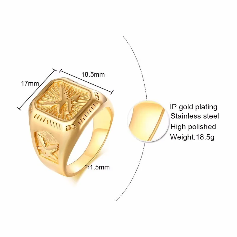 Vnox Chunky Mens Eagle Ring Gold Color Stainless Steel Square Top with Rays Signet Ring Heavy Animal Band