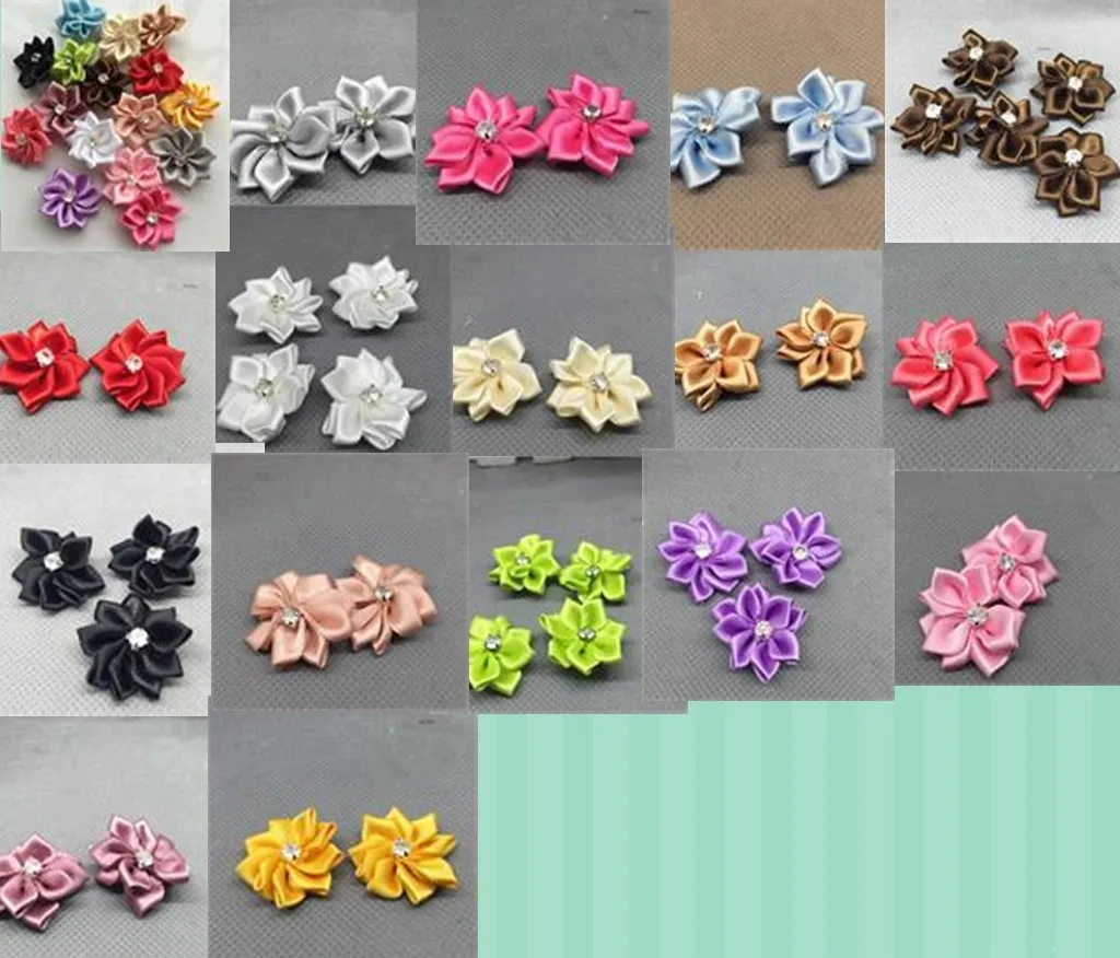 DIY 10 pcs Satin Ribbon Flower with Crystal Bead Appliques~Craft/Trim