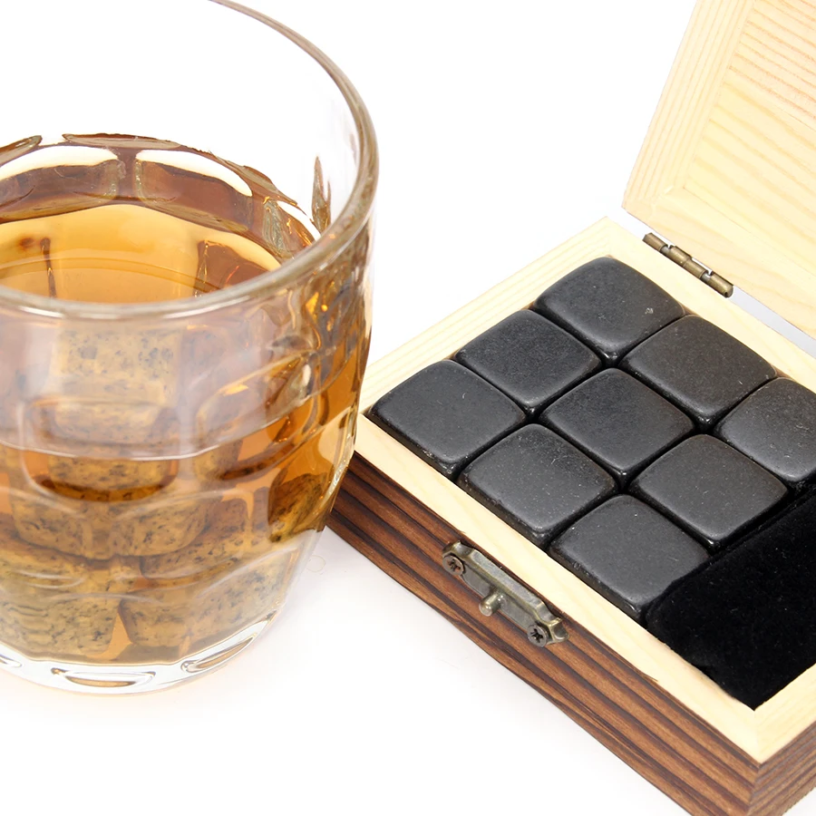 Whiskey Stones Set - 9 Granite Whiskey Rocks / Wooden Box / Velvet Bag / Reusable Cooling Ice Cubes