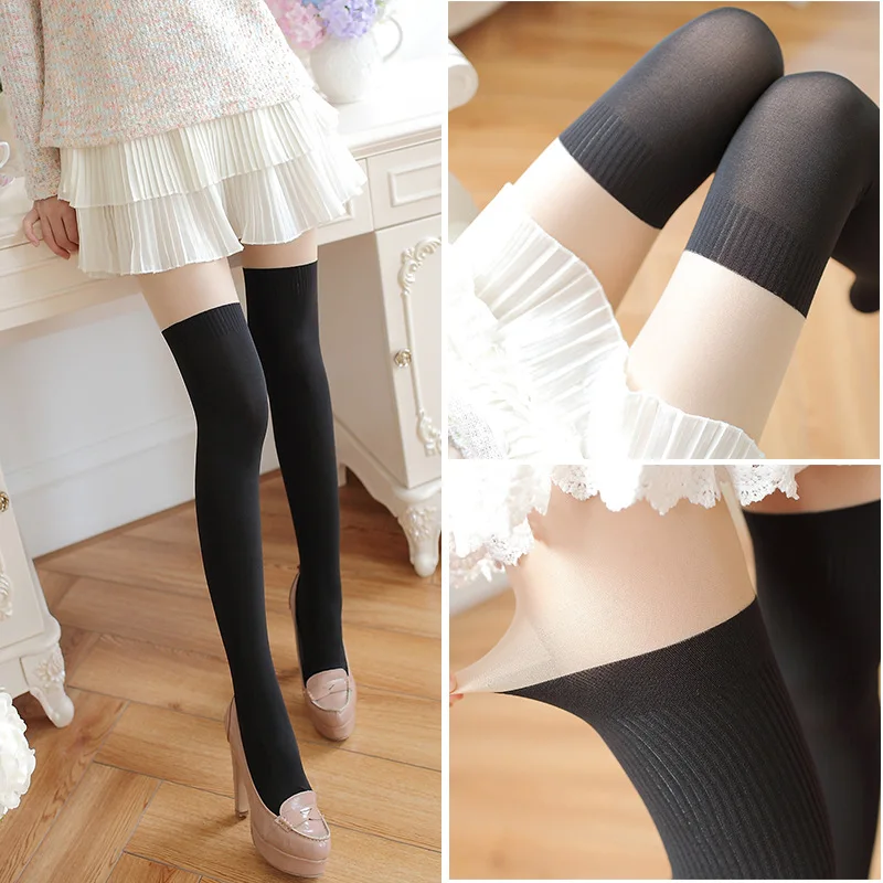 Japanese Girl patchwork black tights Velvet white striped Stockings Fake Thigh Anti-Hook Pantyhose for women