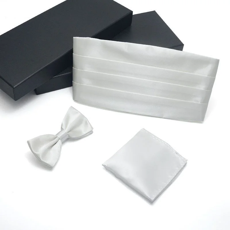 3pcs Men\'s Gown Cummerbund Sets Bow Tie Pocket Square Wedding Party Suit Belt Ceremonial Belt