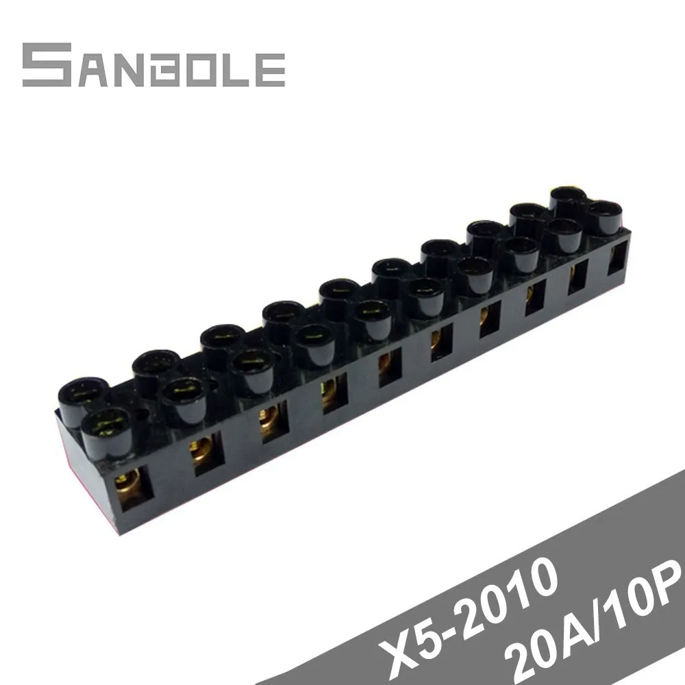 10pcs Terminal Blocks X5-2010 20A/10P Black Copper Fixed Type Connector JX5-2010 Base Connection Terminals Plate