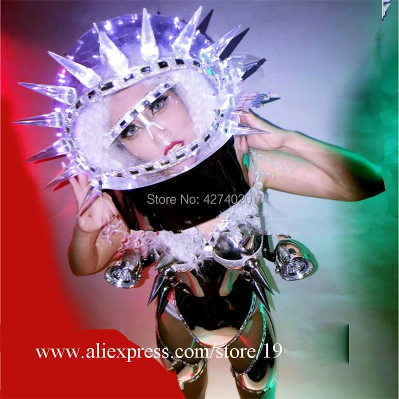 Night club bar Catwalk Shows Women Robot Suit  Sexy Lady Evening Dress Silver Metal Costume Dance Team Outer Space LED Costume