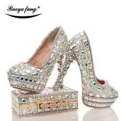 Womens wedding shoes with matching bags Shining Crystal real leather Bride shoes and purse sets platform shoes Big size 43