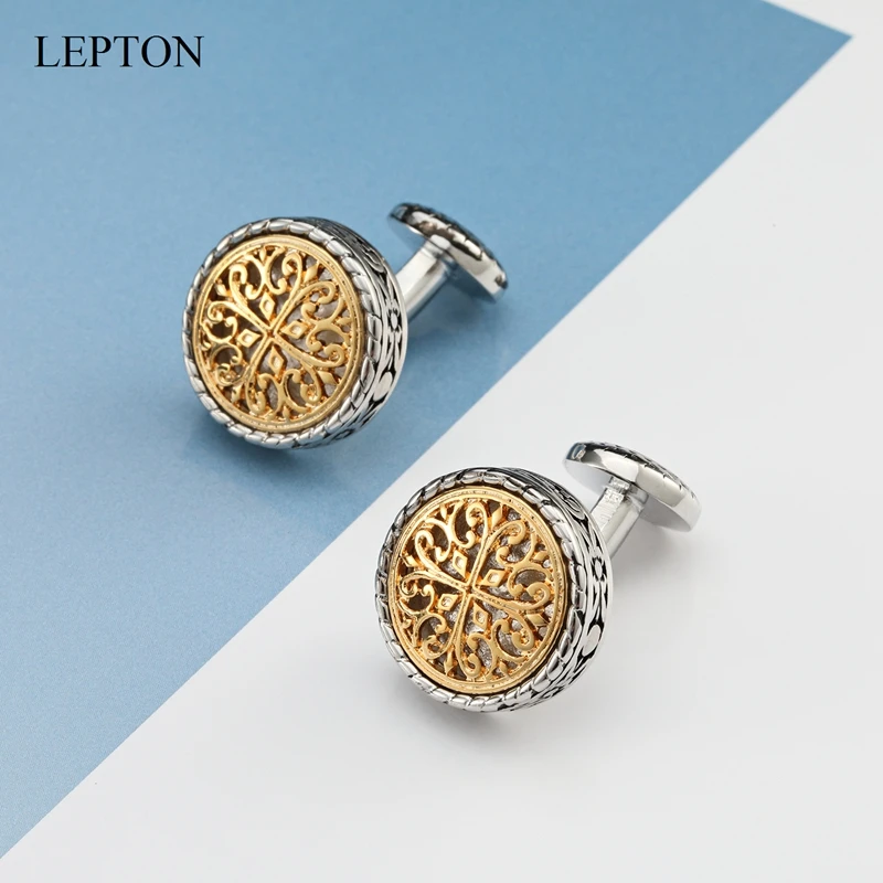 LEPTON Vintage Cufflinks For Mens Gold & Silver Color Baroque Whale Back Closure Cuff Links Wedding Business Cufflink Gemelos