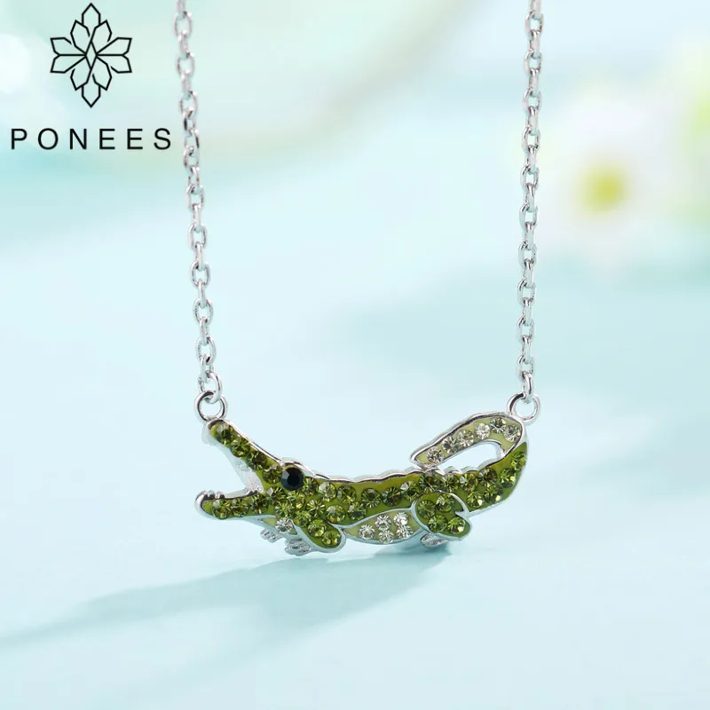 PONEES-Green Crystal Colar de Crocodilo para Mulheres, Lady Jacaré Pingente, Jóias Femininas, Nova Moda
