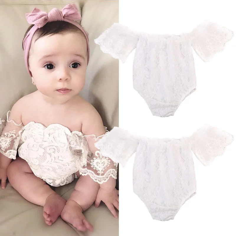 2019 Summer Cute Toddler Baby Girl Clothing White Lace Romper Sleeveless Off Shoulder Backless Jumpsuit Outfits Clothes 0-24M